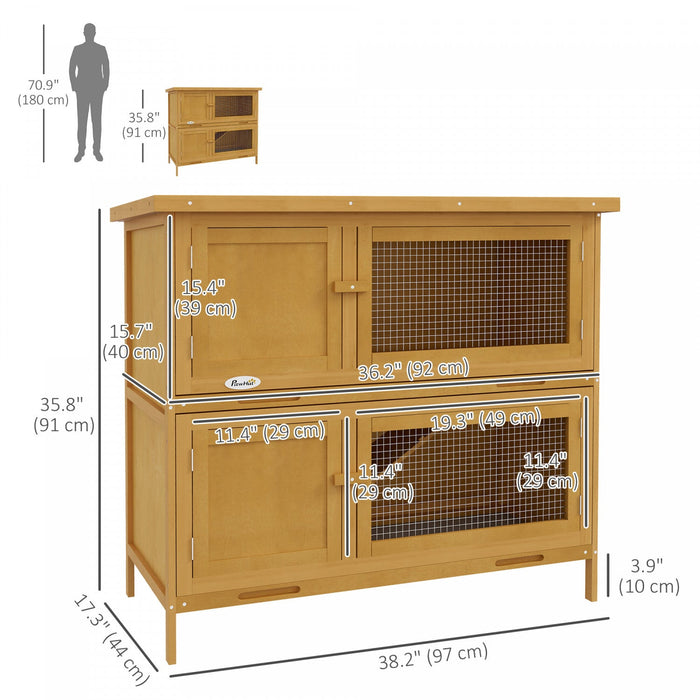 Pawhut Rabbit Hutch, Wooden 2 Tier Bunny Guinea Pig Cage With Openable Top, Slide-out Tray, Ramp, As