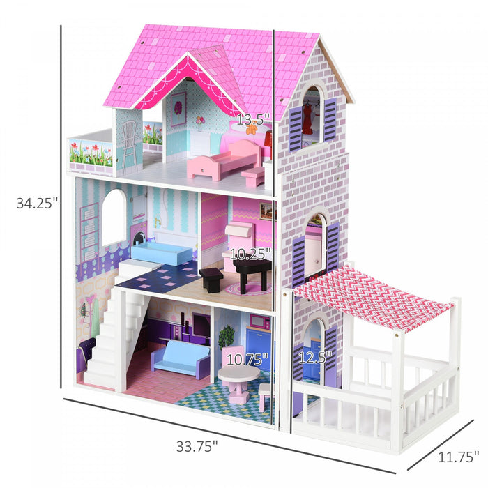 Qaba 2.9ft Kids Wooden Dollhouse Dreamhouse Villa With Patio Dollhouse With Furniture Accessories Ki