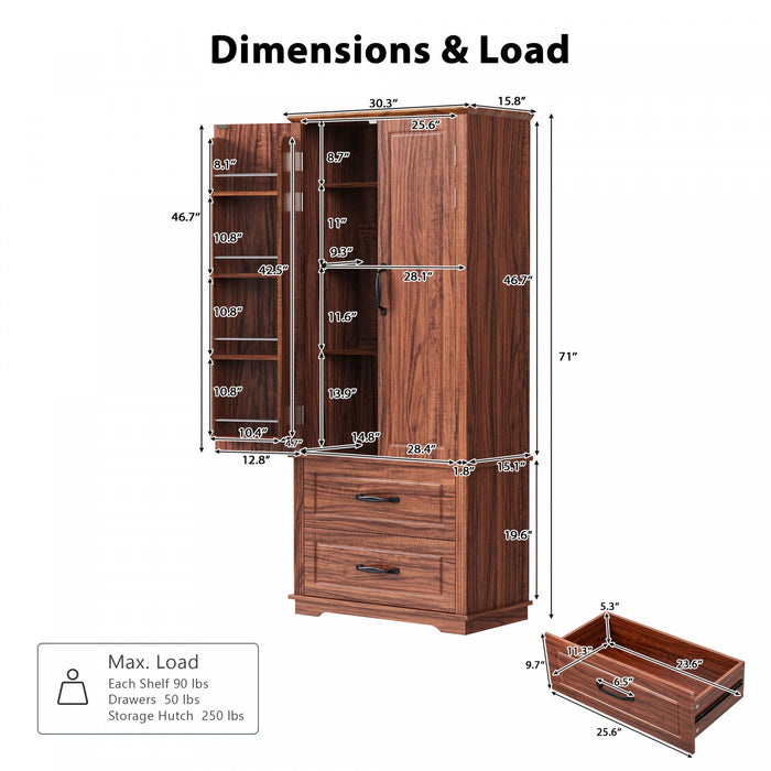 Angela 71\" Adjustable Shelves Pantry Cabinet With 2 Drawers - Brown 