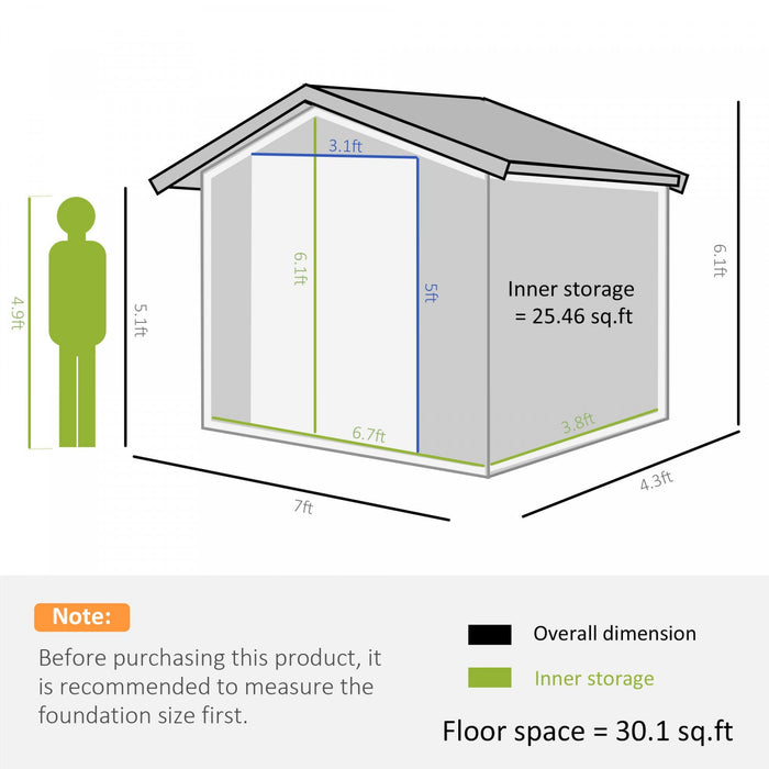 Outsunny 7' X 4' X 6' Garden Storage Shed Outdoor Patio Yard Metal Tool Storage House W/ Steel Floor