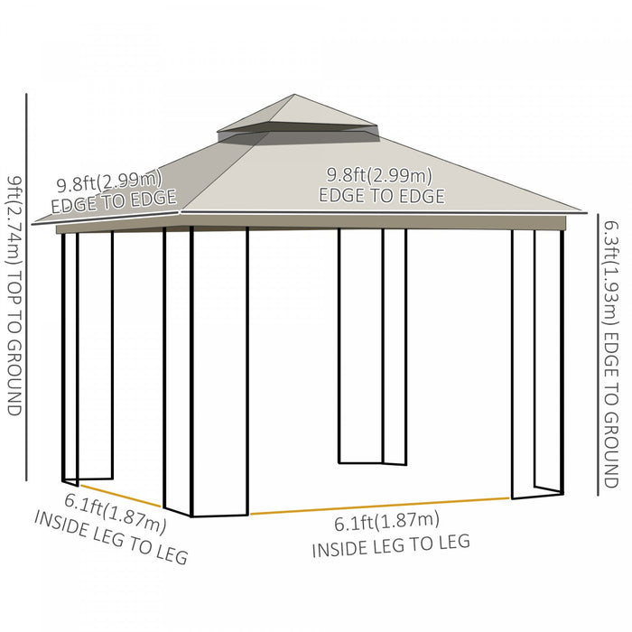 Outsunny 10' X 10' Outdoor Patio Gazebo Canopy With Double Tier Roof, Removable Mesh Curtains, Displ
