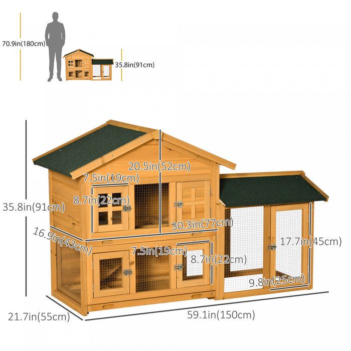 Pawhut 59\" Wooden Rabbit Hutch 2 Tier Bunny House Pet Playpen Enclosure For Indoor Outdoor With Slid