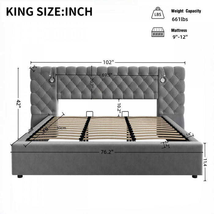 Malcolm Luxury Plush Velvet Upholstered Bed with Diamond Tufted Headboard and Reading Lights,King Size,Grey King Bed  