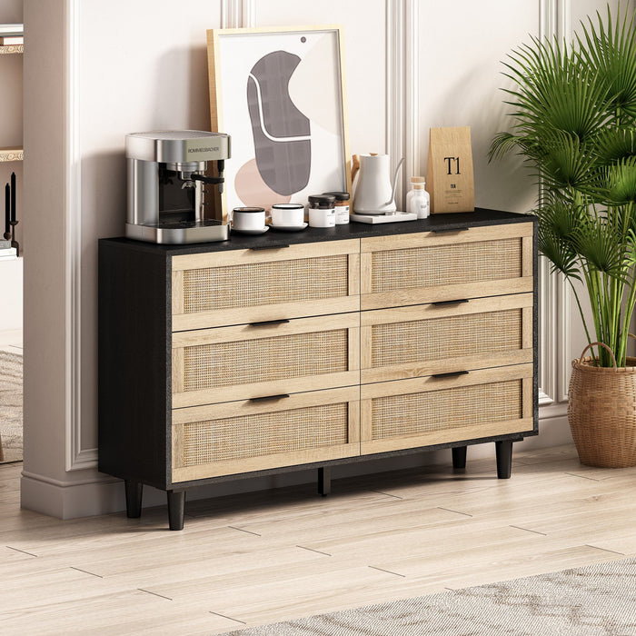 51.18\" Mila Modern 6 Drawer Rattan Storage Cabinet with Engineered Wood Frame - Black 