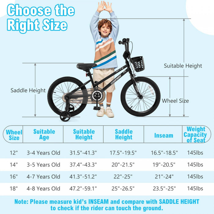 Costway 16" Kid's Bike With Training Wheels Adjustable Handlebar & Seat Handbrake Black