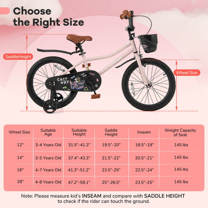 Costway 18" Kid's Bike With Training Wheels Adjustable Handlebar & Seat Handbrake Pink