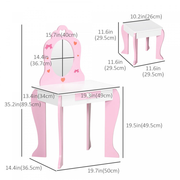Qaba Kids Vanity Table & Chair Set, Girls Dressing Set, Make-up Desk With Drawer, Love Heart & Bow P