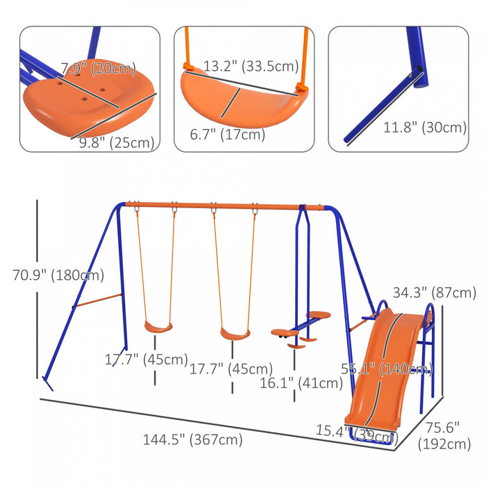 Outsunny 4 In 1 Metal Swing Set With Double Swings, Glider, Slide, Ladder, Kids Swing Set For Backya