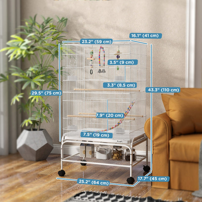Pawhut 43" Bird Cage For Budgies Cockatiels Canaries Lovebirds Finches With Rolling Stand, Toys, Removable Tray, Storage Shelf, White