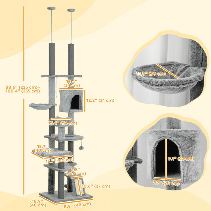 Pawhut Cat Tower For Large Cats Floor To Ceiling Cat Tree For Indoor Cats Adjustable Height 89\" -100