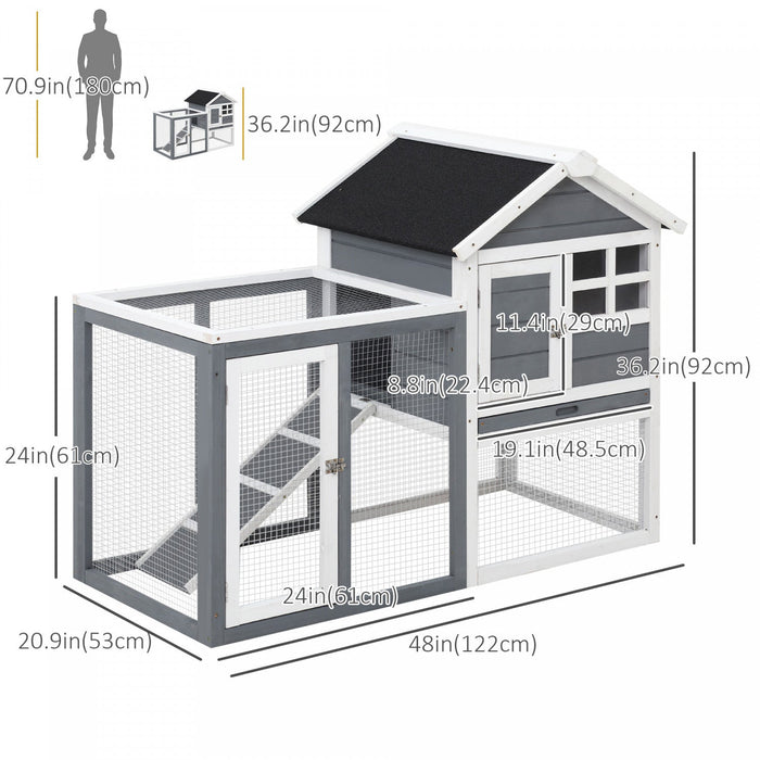 Pawhut 48\" Weatherproof Wooden Rabbit Hutch With Slant Roof And Screened Outdoor Run, Grey