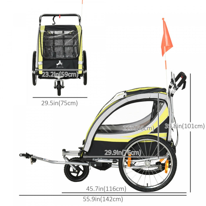 Aosom 2-in-1 Bike Trailer For Kids 2 Seater, Baby Stroller With Brake, Storage Bag, Safety Flag, Ref