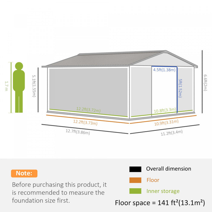 Outsunny 11' X 13' Garden Storage Shed With Double Sliding Door And 4 Ventilation Slots, Garden Tool