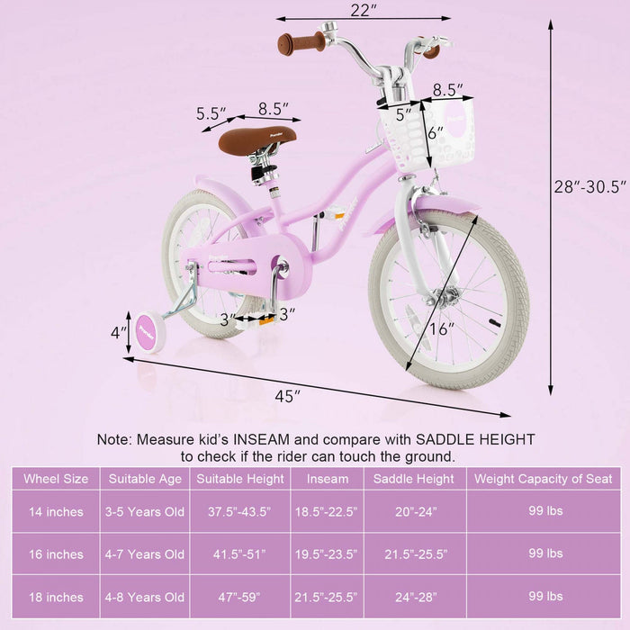 Costway 16" Kids Bike Toddler Adjustable Bicycle With Training Wheel For 4-7 Years Old Girl