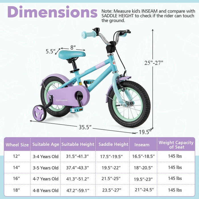 Costway 12" Kids Bike With Adjustable Saddle Handlebar Removable Training Wheels Handbrake Blue