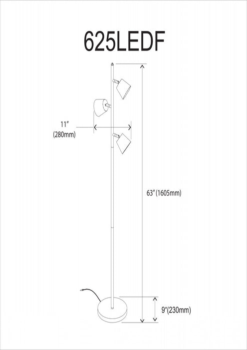 Dainolite Modern 3 Light LED Floor Lamp Matte Black Finish