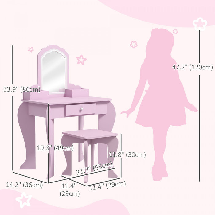 Qaba Kids Vanity Set With Mirror And Stool, Makeup Vanity Table For Children 3-6 Years Old, With Dra