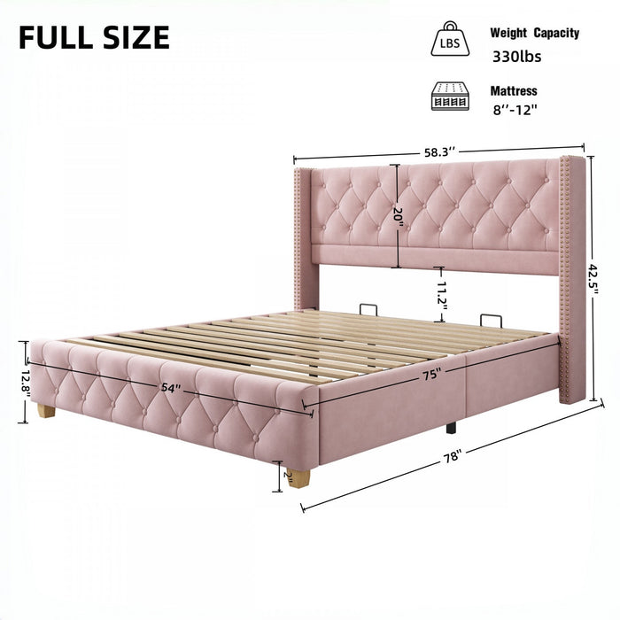 Haley Linen Upholstered Platform Bed with Classic Wingback Headboard and Diamond Tufted Upholstery,Full Size,Pink Full Bed  