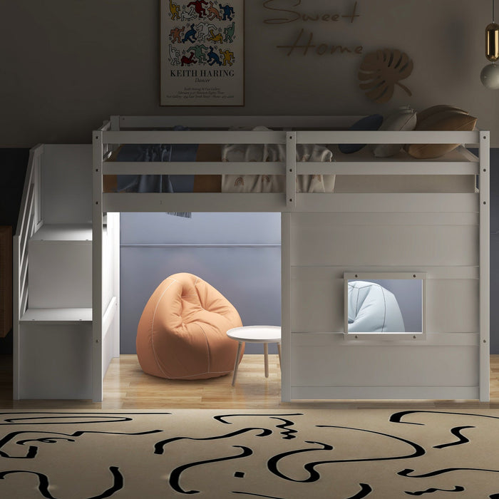 Martin Twin Solid Wood Loft Bed With Storage Stairs, Play Window, Led Light - White 