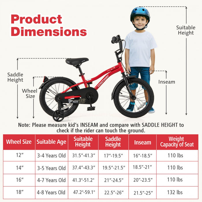 Costway 16" Kids Bike For 4-7 Years Old Boys & Girls With Adjustable Seat Handbrake Reflectors Red