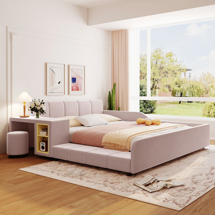 Lily Velvet Upholstered Grounded Bed with Desk and Stool,Queen Size,Pink Queen Bed  