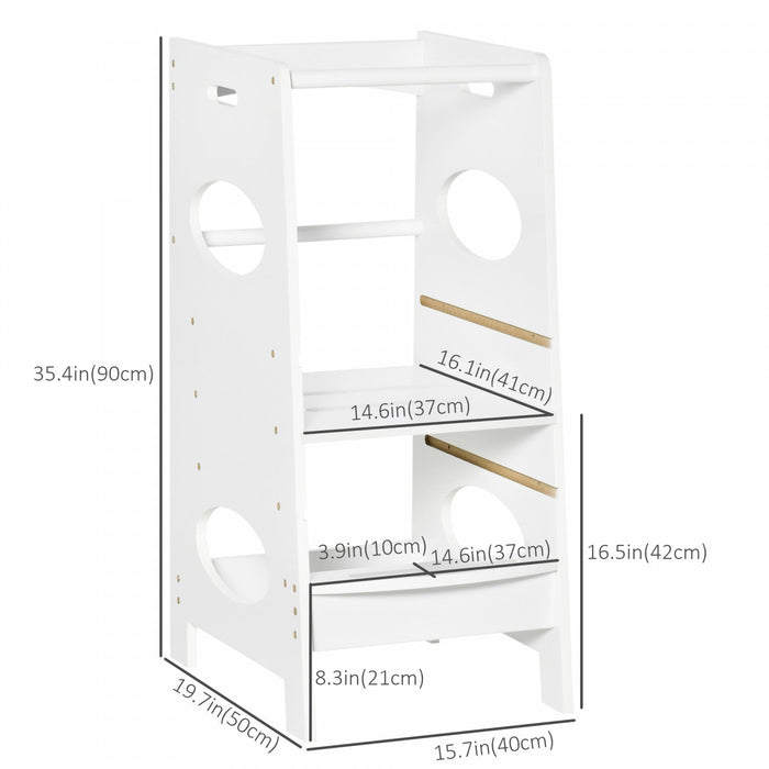 Homcom Toddler Kitchen Step Stool With Adjustable Standing Platform & Safety Rail, White