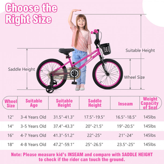 Costway 16" Kid's Bike With Training Wheels Adjustable Handlebar & Seat Handbrake Pink