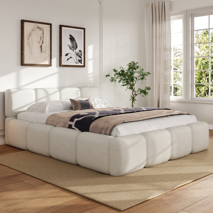 Aiden Platform Bed with Supportive Upholstered Frame in Boucle Fabric,Queen Size,White Queen Bed  