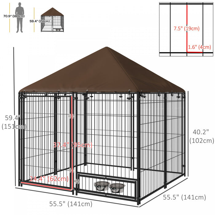Pawhut Dog Run, 4.6' X 4.6' X 5' Outdoor Dog Kennel With Canopy, Rotating Bowls, Door For Backyard &