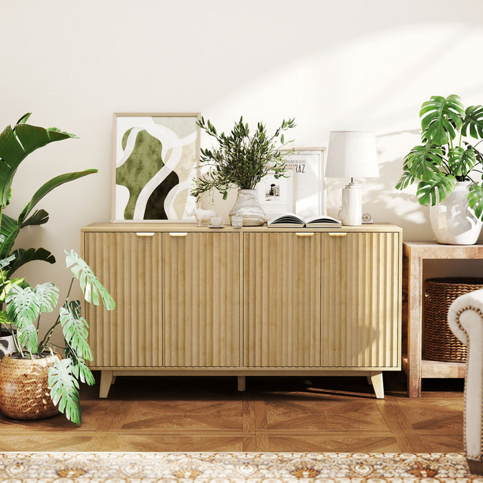 55" Modern Sideboard Buffet Cabinet with Fluted Doors Wood Legs Nature Wood