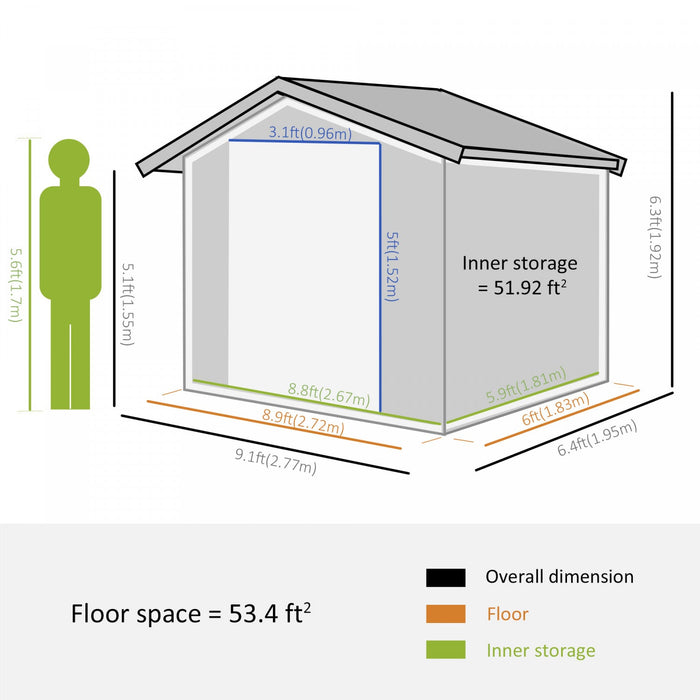 Outsunny 9' X 6' Garden Storage Shed With Floor Foundation, Metal Tool Storage House With Double Doo