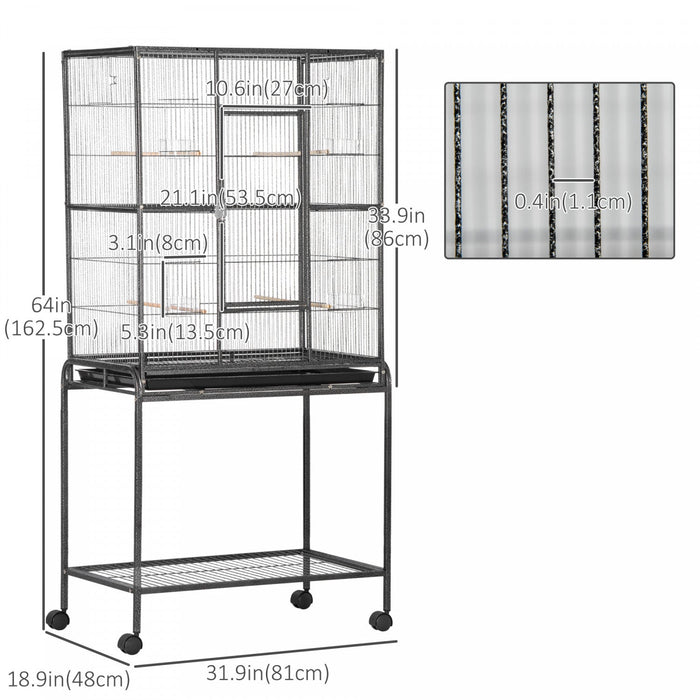 Pawhut 64\" Large Bird Cage, Rolling Metal Parrot Cage, Bird House With Detachable Rolling Stand, Sto