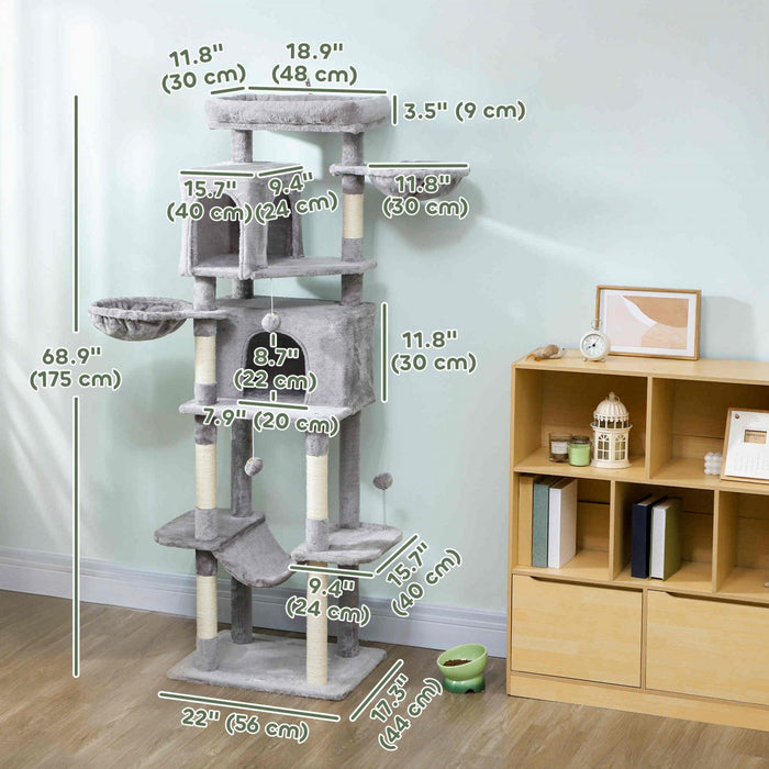 PawHut Cat Tree, 69" Cat Tower for Indoor Kittens, Multi-Level Tower with 2 Condos, Scratching Posts, 2 Hammocks, Perches, Pompoms for Multiple Kitties, Light Grey
