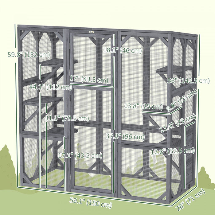 Pawhut Catio, Outdoor Cat Enclosure With 6 Jumping Platforms, Weatherproof Roof, Large Front Door, Wooden Cat House Cage For 1-3 Kittens, 59" X 28" X 60", Grey