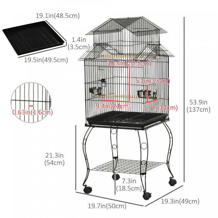 Pawhut 53.9'' Large Rolling Steel Bird Cage Bird House With Detachable Rolling Stand, Storage Shelf,
