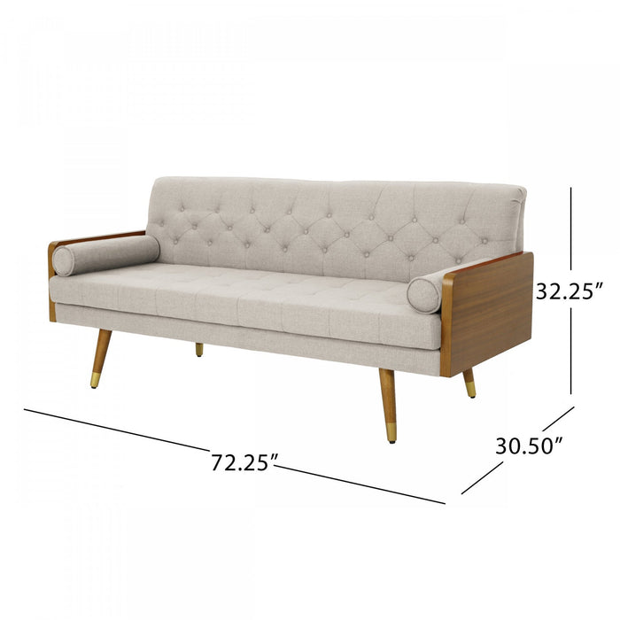 Aidan 3-seater Tufted Fabric Sofa With Rolled Pillows - Beige 