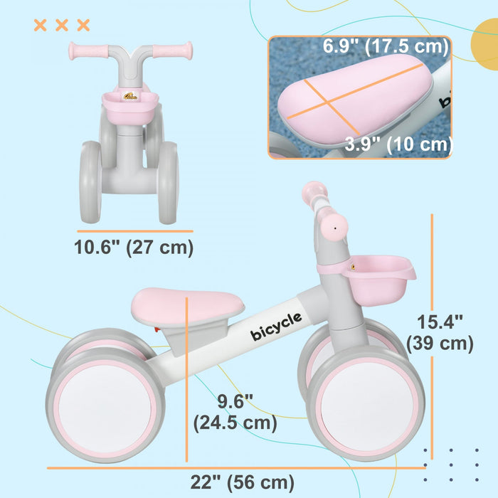 Qaba Baby Balance Bike, Toddler Balance Bike For 12-36 Months With Adjustable Seat, Removable Basket, 4 Silent Wheels, No Pedal Baby Bike For Boys And Girls, Pink
