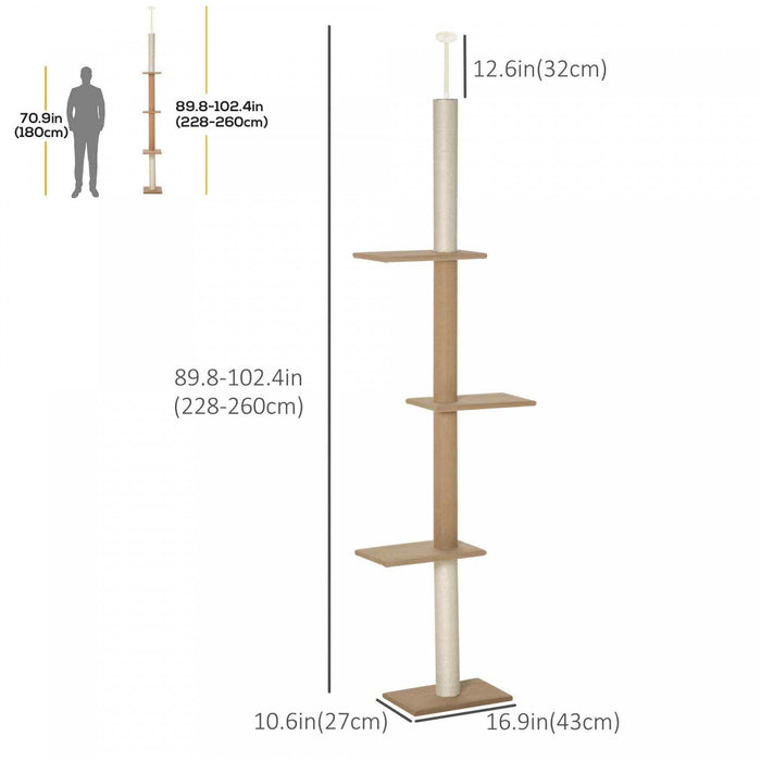Pawhut 100\" Floor To Ceiling Cat Tree W/ 3 Perches Activity Center For Kittens Cat Tower Furniture, 