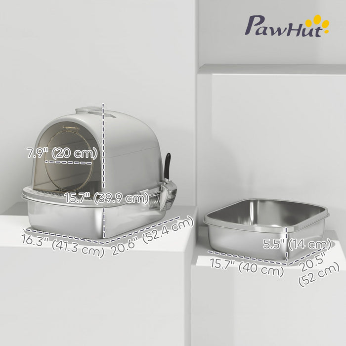PawHut Stainless Steel Litter Box with Lid, Enclosed Cat Litter Box with Scoop, Deodorizer Bag, Handle, Odour Control, Non-Sticky and Easy to Clean, Grey