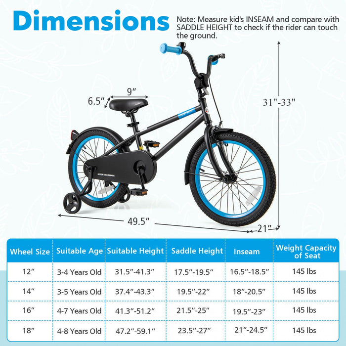 Costway 18" Kids Bike With Adjustable Saddle Handlebar Removable Training Wheels Handbrake Black