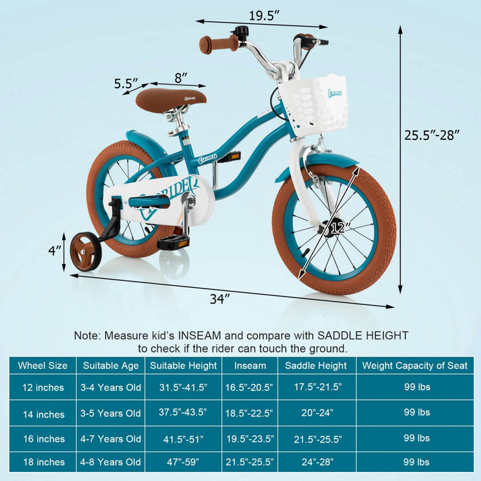 Costway 12" Kid's Bike With Removable Training Wheels & Basket For 3-4 Years Old Turquoise