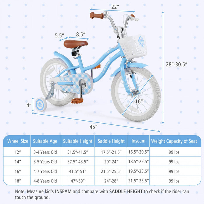 Costway 16" Kids Bike Toddler Adjustable Bicycle With Training Wheel For 4-7 Years Old Girl Blue