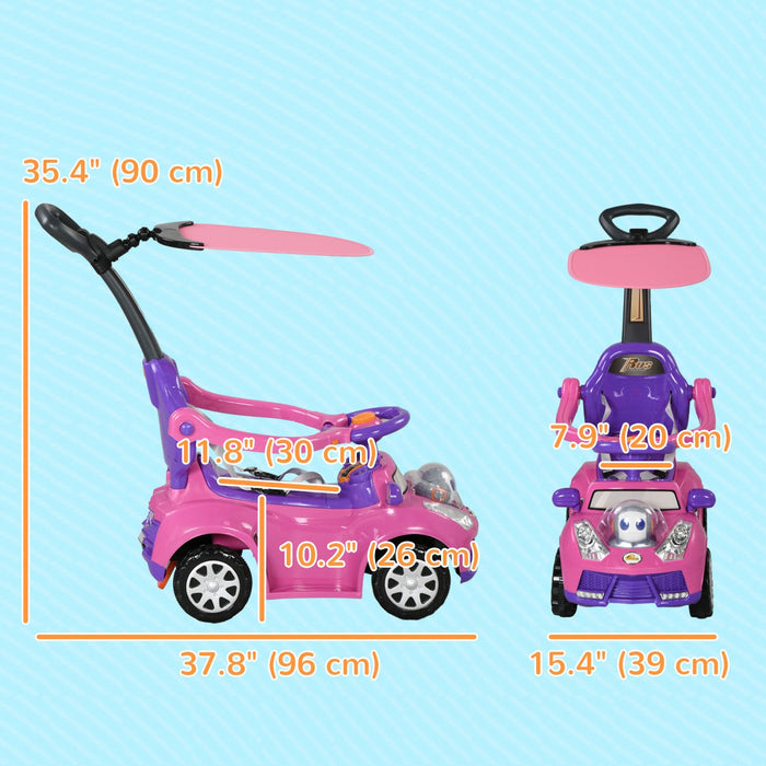 Qaba Push Car, 3 In 1 Kids Ride On Car Toddler Sliding Car With Music, Light, Foot To Floor Baby Car With Handle, Removable Canopy, Safety Guardrail, Horn, Pink