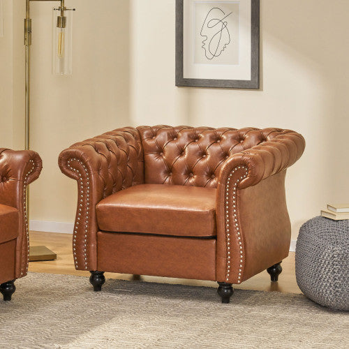 Gibbon Comfy Faux Leather Upholstery Arm Chair With Tufted Back,brown Accent Chair 