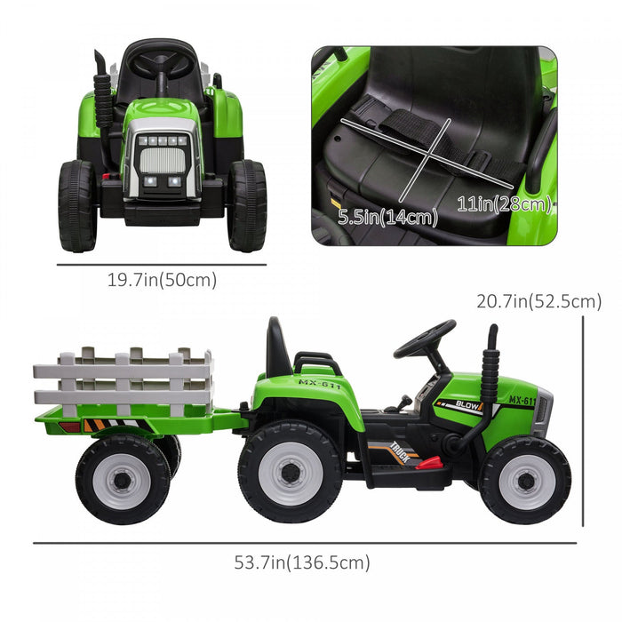 Aosom 12v Kids Powered Ride-On Tractor With Trailer, Battery Powered Electric Tractor With Remote Co