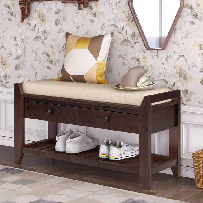 Stephanie Pine Wood Shoe Rack Bench With Cushioned Seat With Storage Drawers - Espresso 