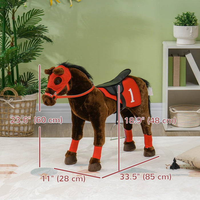 Qaba Standing Ride On Horse, Plush Pony Toy For Kids With Neighing Sound, Soft Padding, For Cowboy C