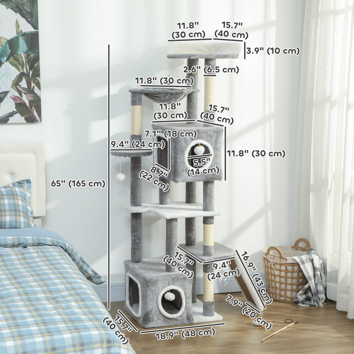 PawHut Cat Tree for Indoor Large Adult Cats, 65 Inch Kitty Tower Multi-Level with 2 Doors Condos, Plush Top Perch, Hammock, Sisal Scratching Posts, 4 Pompoms, Ramp, Grey
