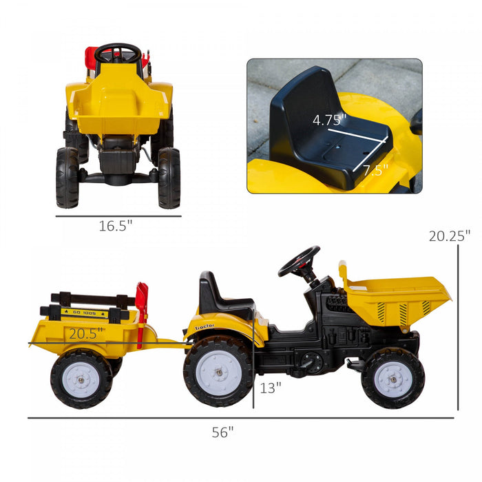 Aosom Ride On Toy Pedal Dump Truck, Front Loader Construction Tractor With Detachable Trailer, Yello