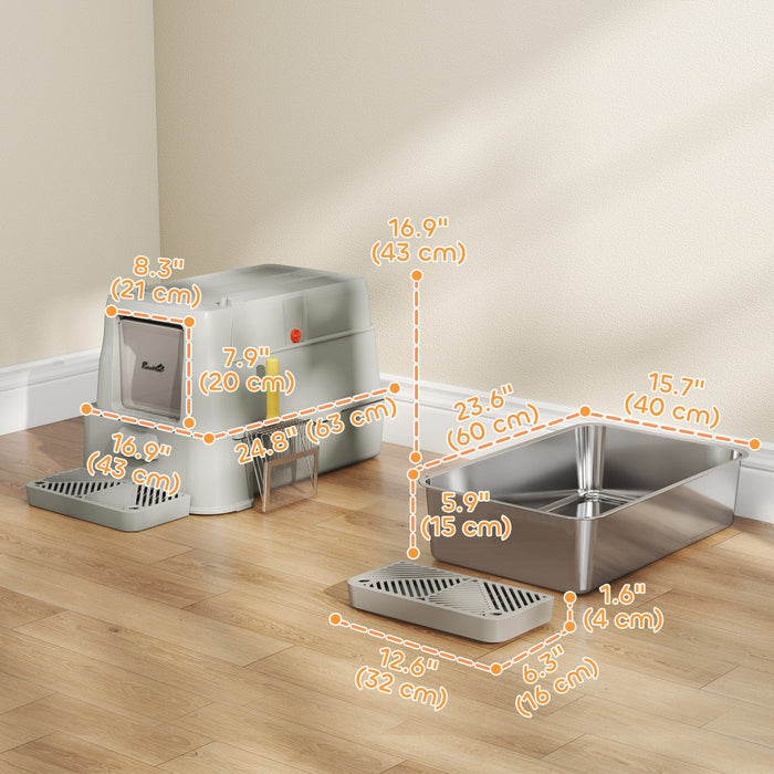 PawHut 80L Stainless Steel Litter Box with Lid, XL Cat Litter Box for Big Cats with 180° Flip Cover, Pull-Out Drawer Tray, High Sided, Pedal, Scoop, Light Grey